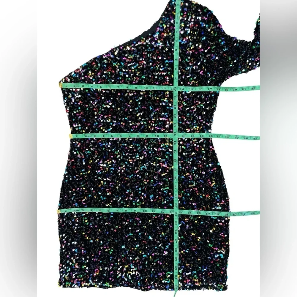 Vici Lush Faye Black Sequin Velvet Base One Shoulder Mini Dress Size XL NWT - Picture 7 of 7